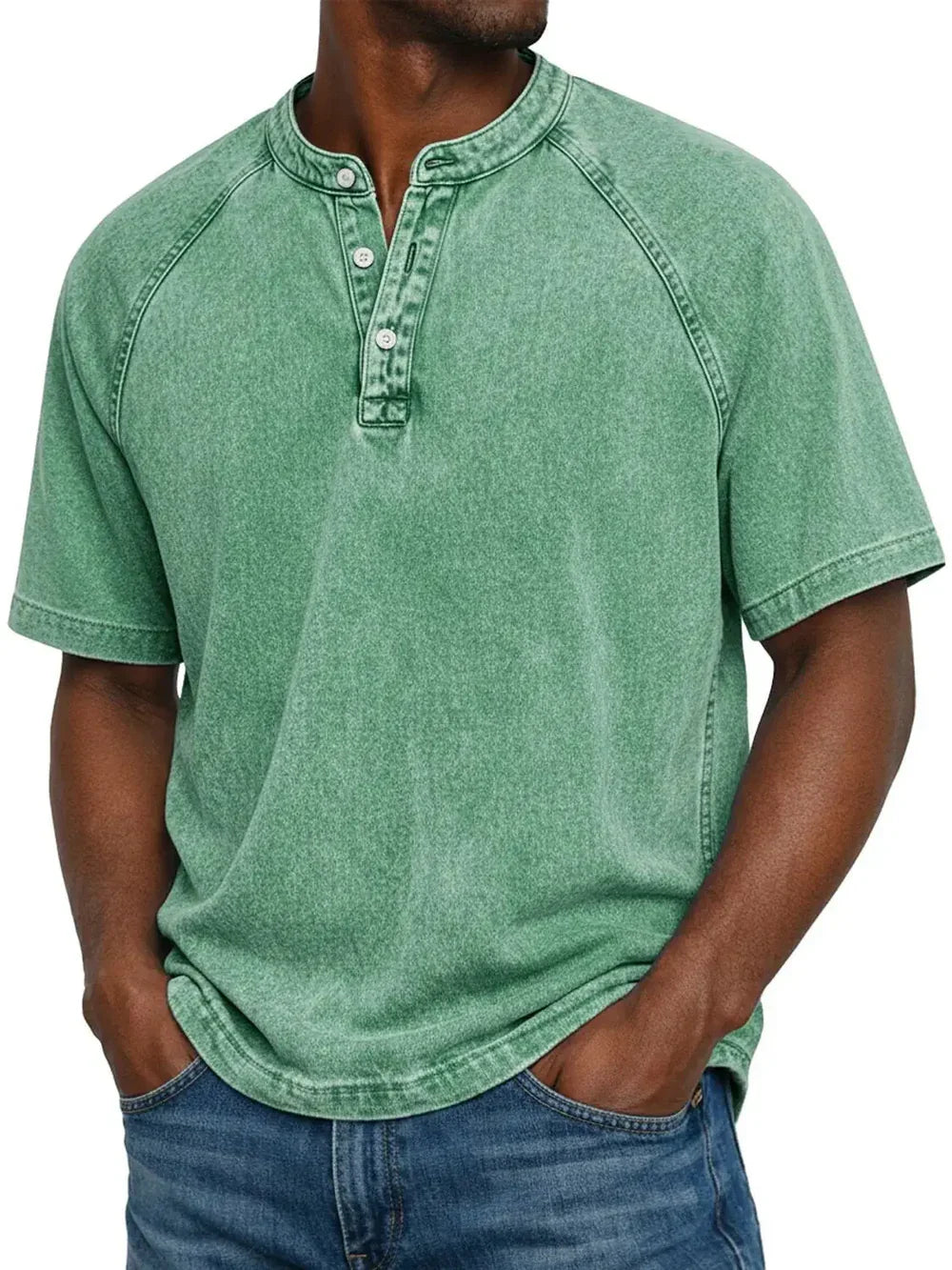 Green vintage henley T-shirt neckline with button placket, short sleeves