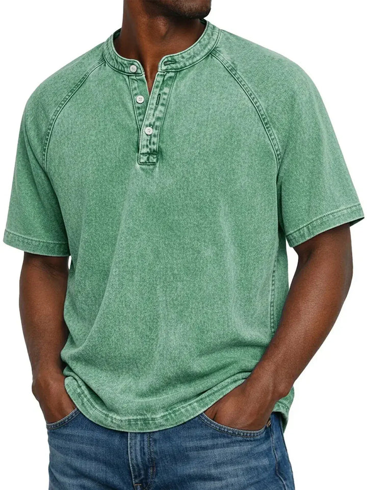 Green vintage henley T-shirt neckline with button placket, short sleeves