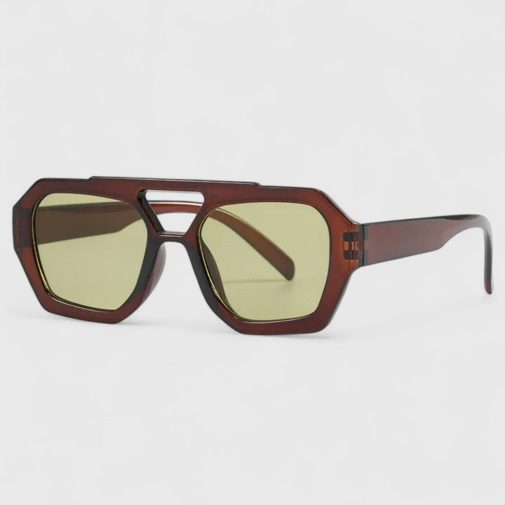 Burgundy sunglasses with pale yellow lenses and dark frame edges