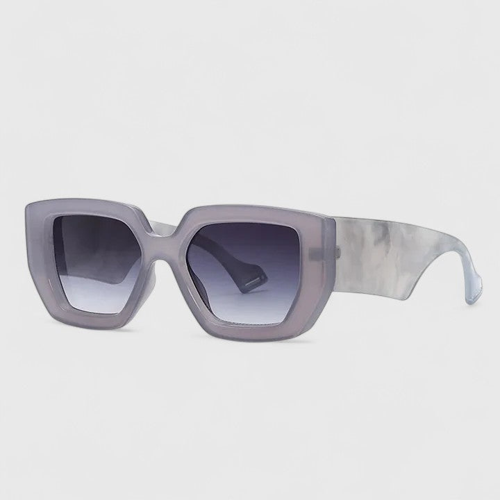 Gray oversized square sunglasses with dark tinted lenses and curved clear temple arm