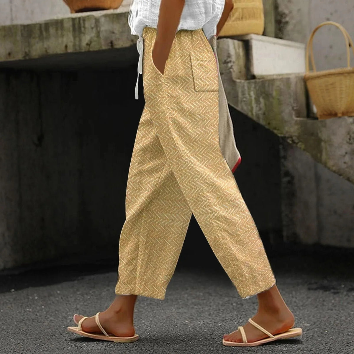 Yellow comfortable summer pants with wide leg and drawstring waist, cuffed hem