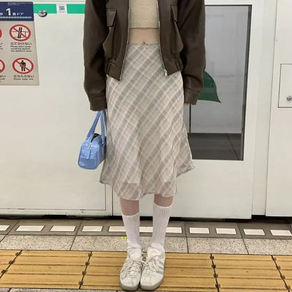 Plaid midi skirt in light gray-blue checks, mid-calf length, elastic waistband