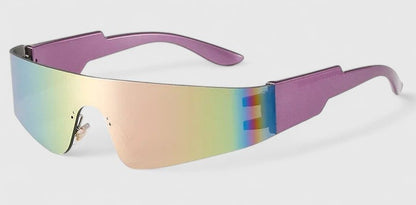 Oversized rectangular sunglasses with iridescent mirrored lenses and purple frame