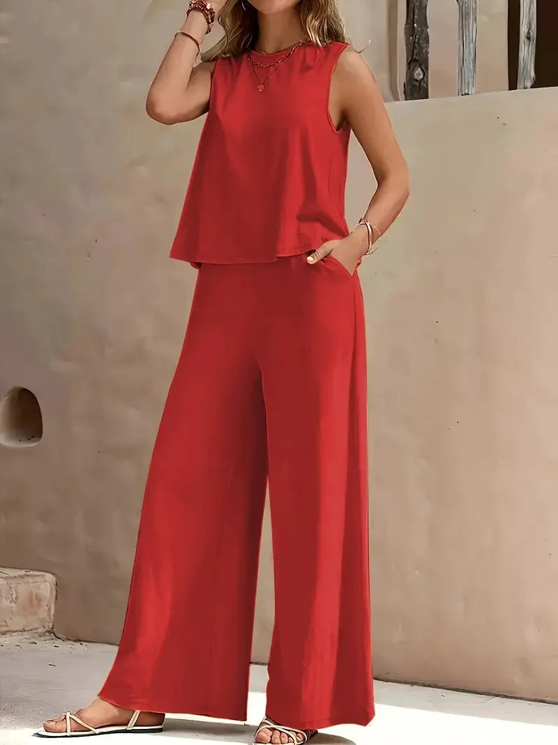 Red sleeveless top and wide-leg pants two-piece set