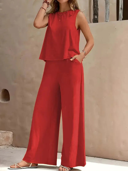 Red sleeveless top and wide-leg pants two-piece set