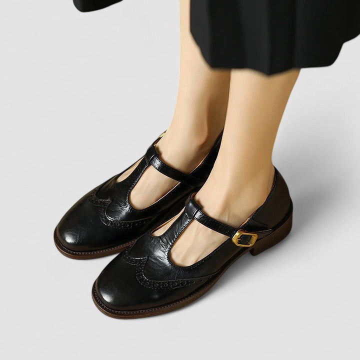 Orthopedic Mary Jane shoes, black leather look with gold-tone buckle strap