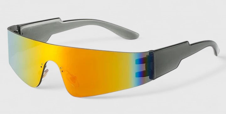 Oversized rectangular sunglasses with gold-orange mirrored lenses and black frame