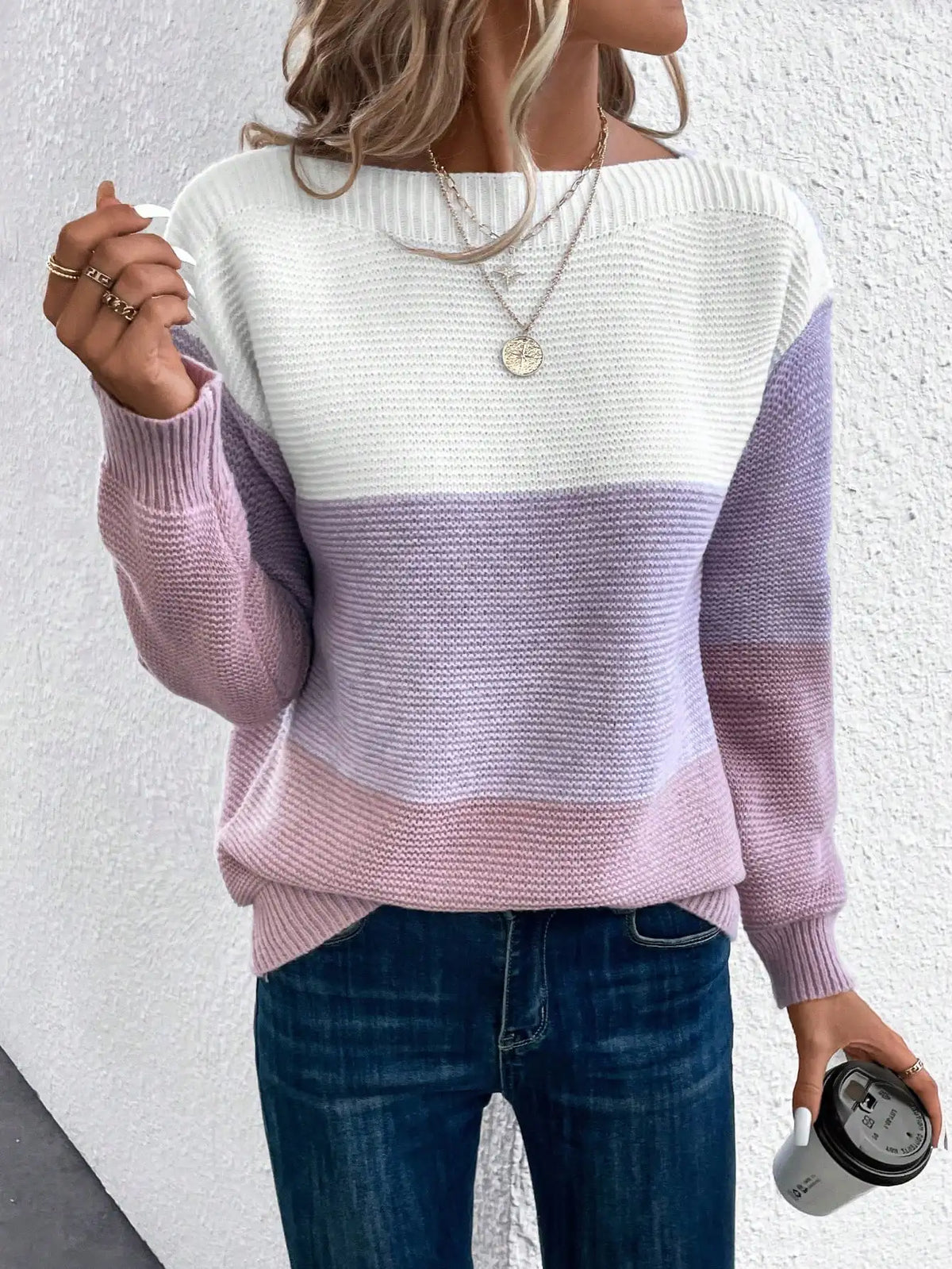 Soft fade knit jumper, white top with lilac middle and ribbed crew neck cuffs