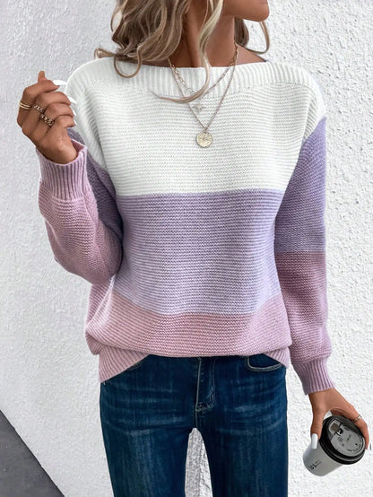 Soft fade knit jumper, white top with lilac middle and ribbed crew neck cuffs