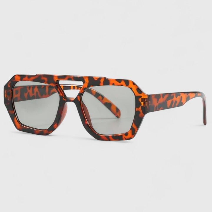 Tortoiseshell orange sunglasses with mirrored dark lenses and slim metal bridge