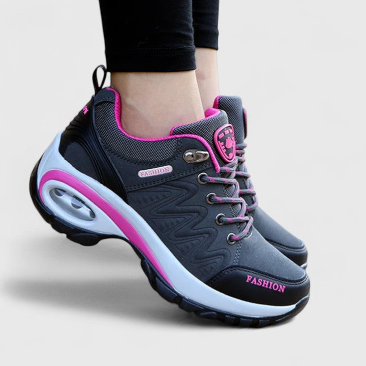 Novira women’s sport shoes, dark gray mesh with black sides and pink trim