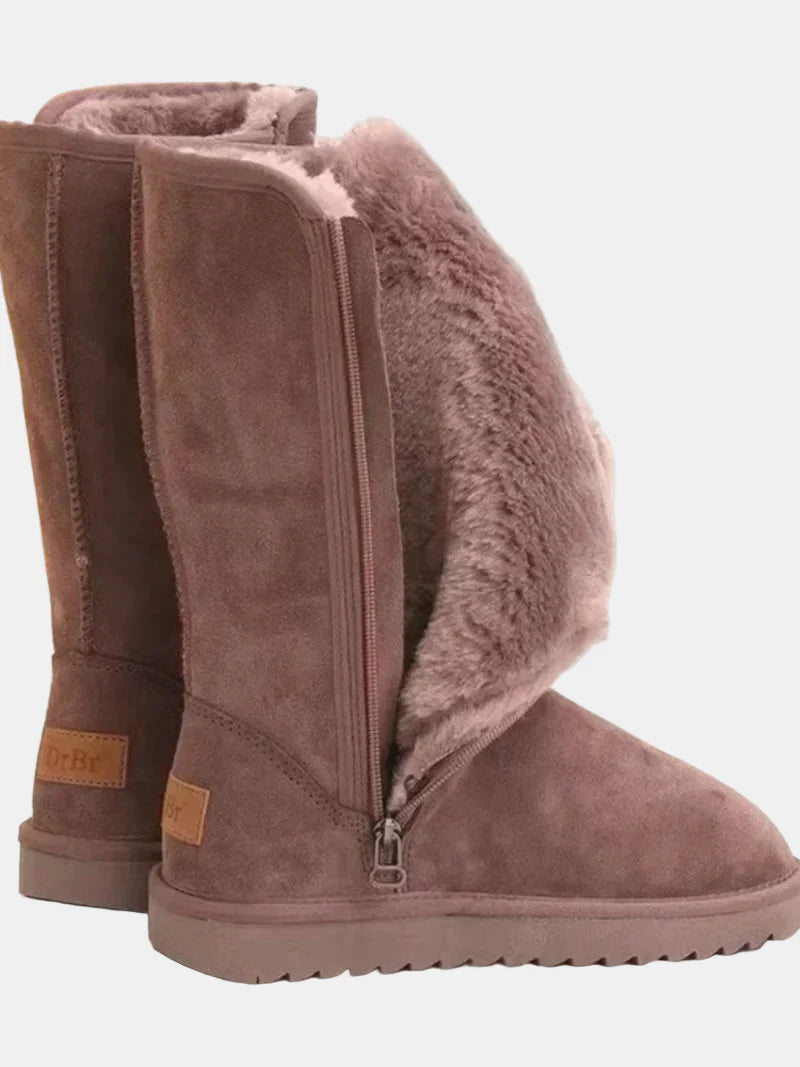 Coffee velvet knee-high boots with side zipper and plush cuff lining