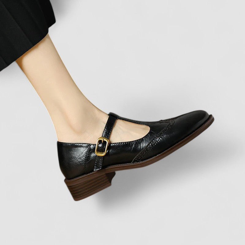 Orthopedic Mary Jane shoes, black leather look with buckle strap and stacked heel