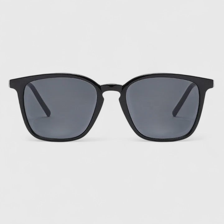 Sophisticated sunglasses, black frame with gray-blue tinted lenses