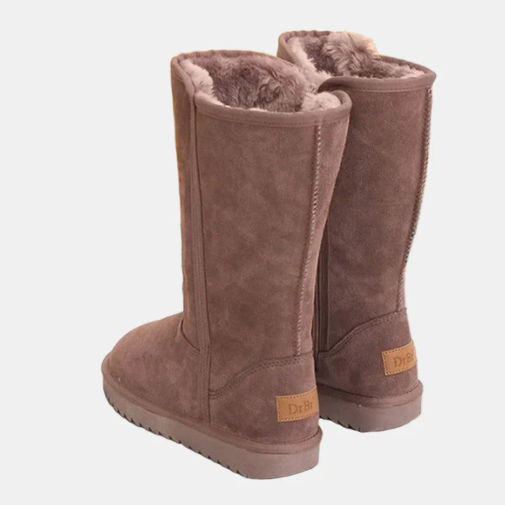 Coffee velvet knee-high boots with side zipper and plush top lining