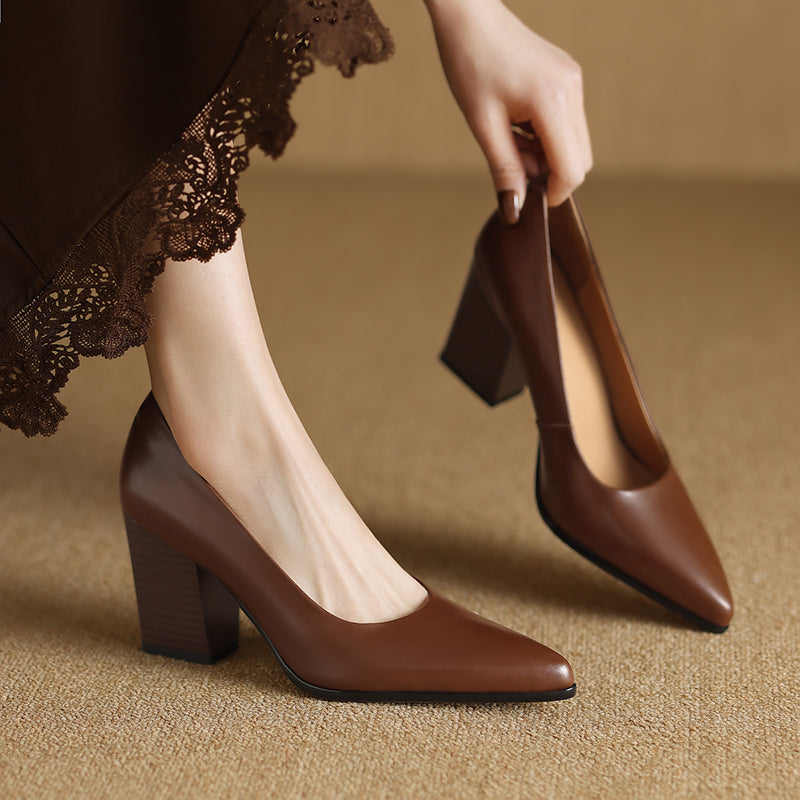 Brown leather elegant pumps with almond toe and block heel
