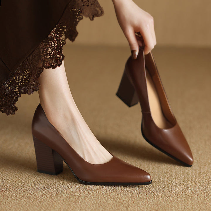 Brown leather elegant pumps with almond toe and block heel