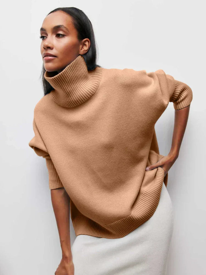 Camel turtleneck sweater with ribbed collar and cuffs