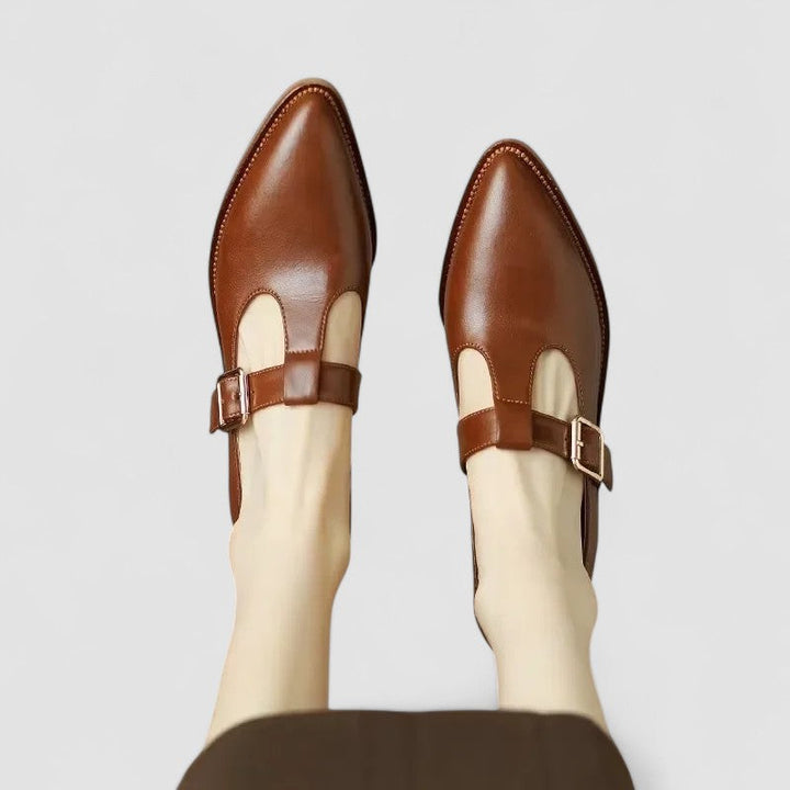 Brown orthopedic Mary Jane shoes with ankle strap and side buckle, low block heel