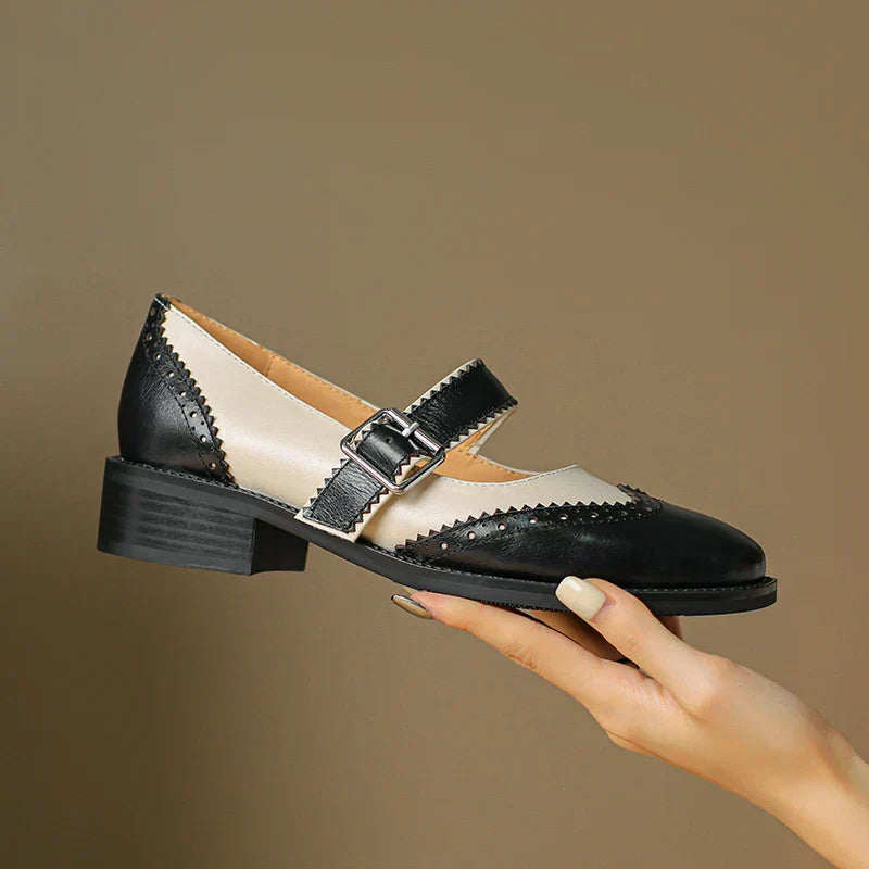 Miana leather Mary Janes, black leather with cream lining, buckled strap and block heel