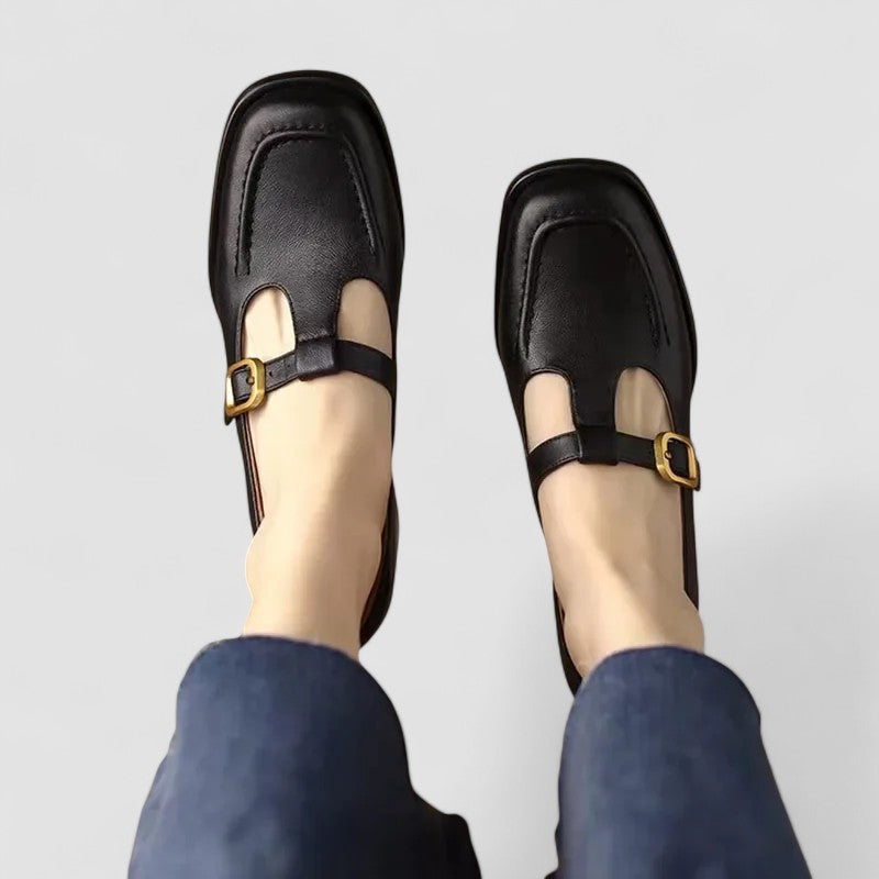 Black T-strap Mary Jane shoes with buckle, low block heel, open instep