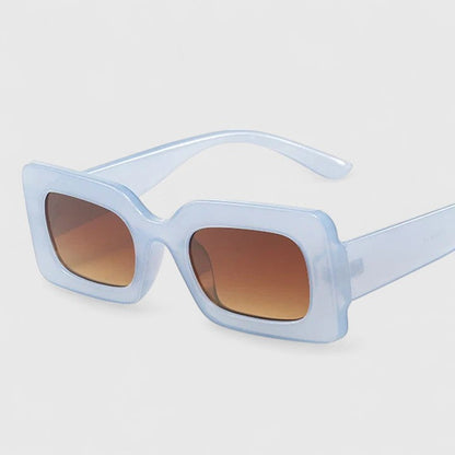 Light blue square sunglasses with amber-brown lenses and thick frames