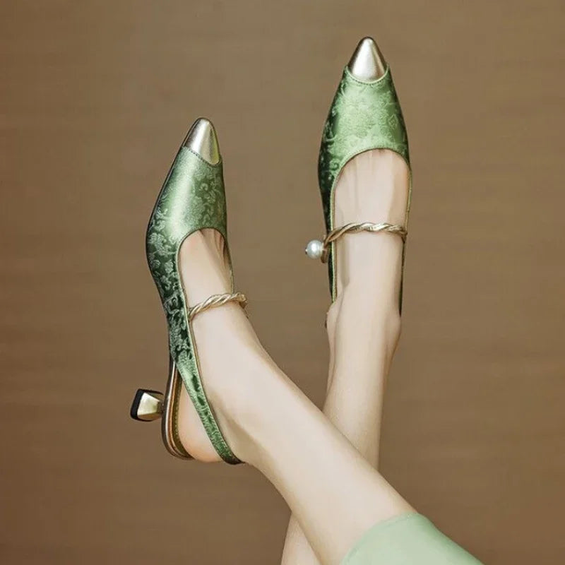 Molette elegant pumps in dark green, slingback pointed toe with pearl drop and strap