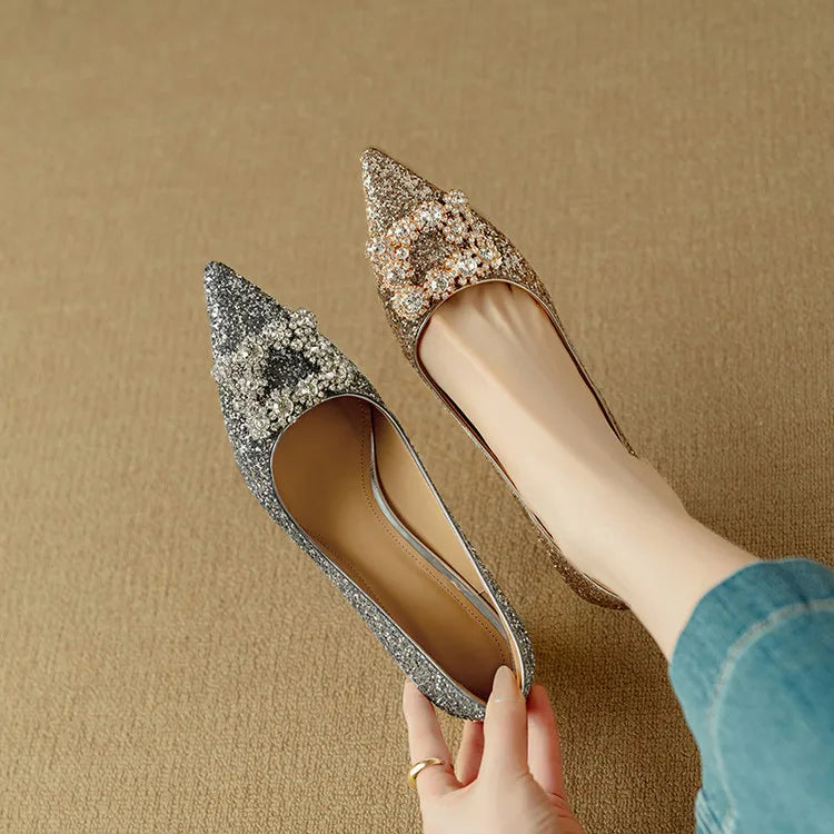 Gloria glitter pumps with pointed toe, silver and gold glitter, block heel