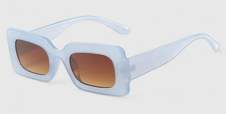 Light blue square sunglasses with brown-tinted lenses and thick frames