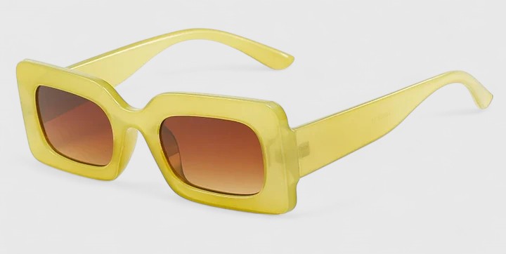 Yellow square sunglasses with amber-brown lenses and thick frames