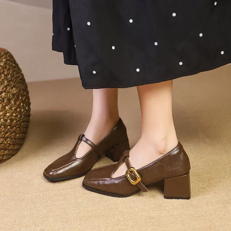 Brown Mary Jane pumps with gold-buckle T-strap and square toe block heel