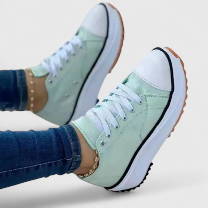 Mint green platform sneakers with white sole, lace-up and dark side stripe