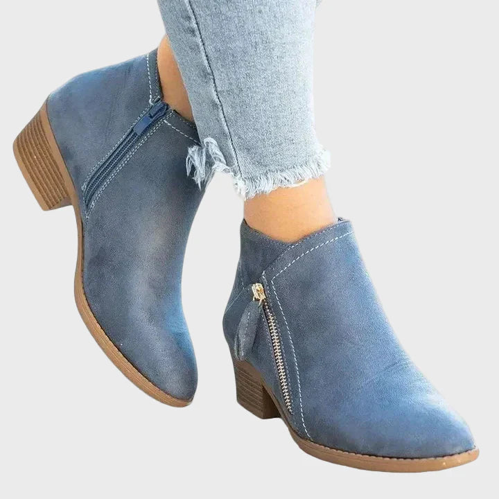 Maya orthopedic boots, blue ankle boots with side zipper and block heel