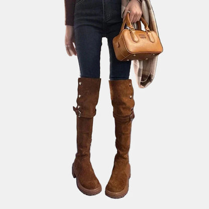 Brown suede over-the-knee cowboy boots with side button strap detail