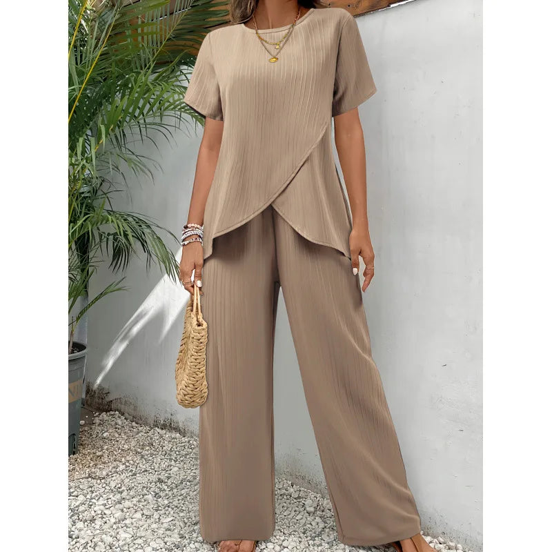 Khaki asymmetrical blouse and relaxed pants two-piece set, short sleeves