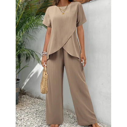 Khaki asymmetrical blouse and relaxed pants two-piece set, short sleeves