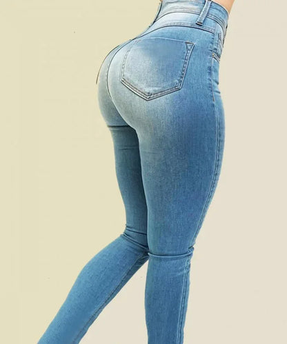 Stretch skinny jeans in light blue wash, back pocket and belt loops