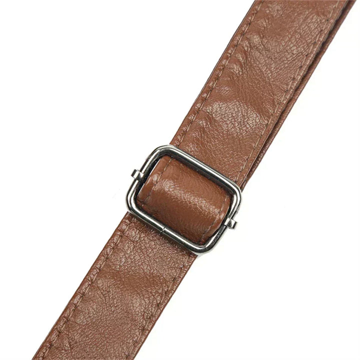Brown multi-layer crossbody strap with metal buckle hardware detail