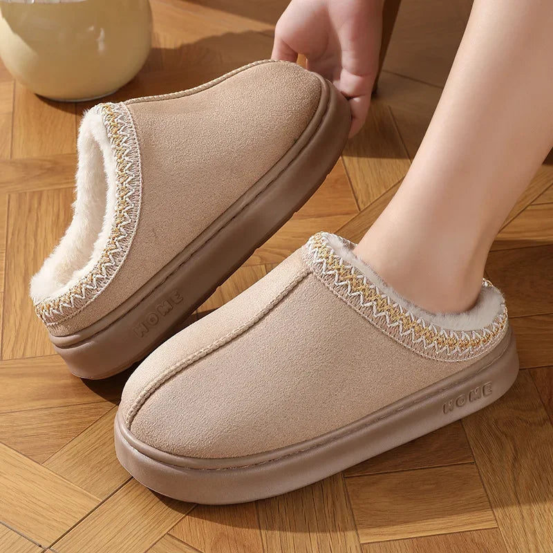 Beige platform slippers with faux-fur lining and zigzag stitched collar trim