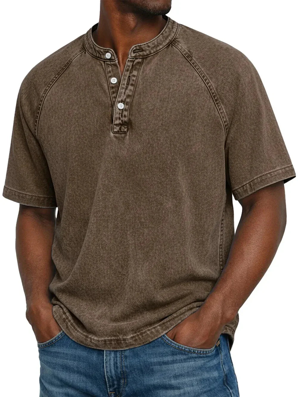 Brown henley-style button-up t-shirt with short sleeves and three-button neckline detail