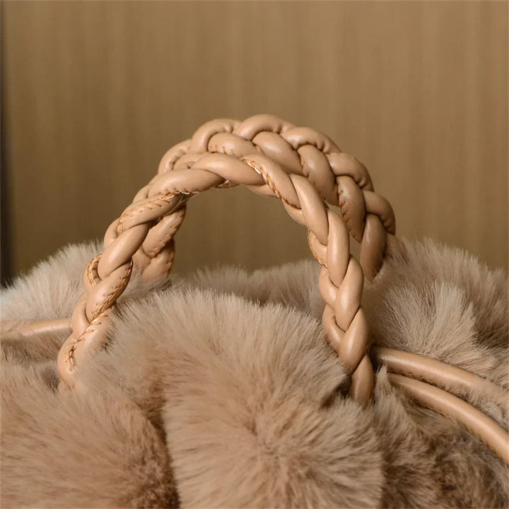 Light khaki plush tote with braided handle close-up