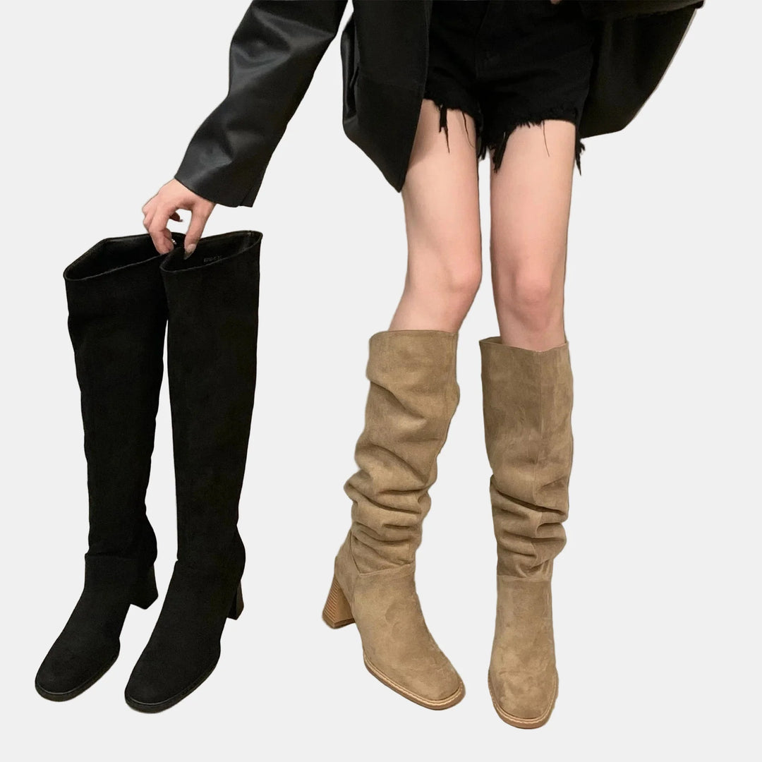 Knee-high suede boots in black and khaki with pointed toes and block heels