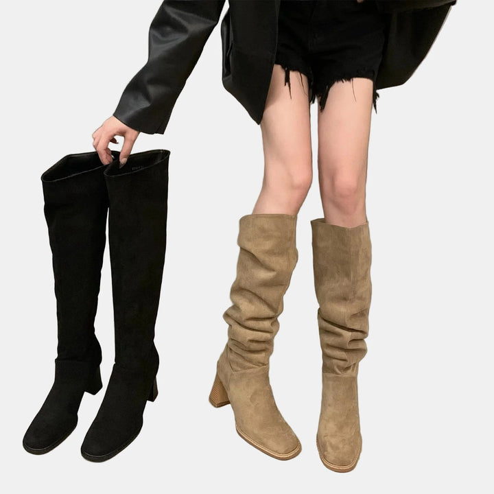 Knee-high suede boots in black and khaki with pointed toes and block heels