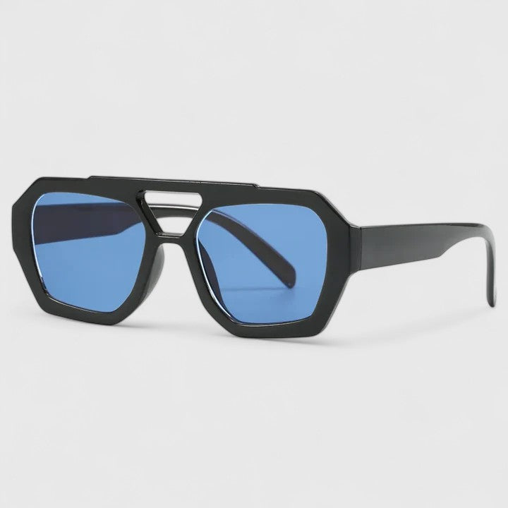 Black sunglasses with blue-tinted lenses and silver bridge bar