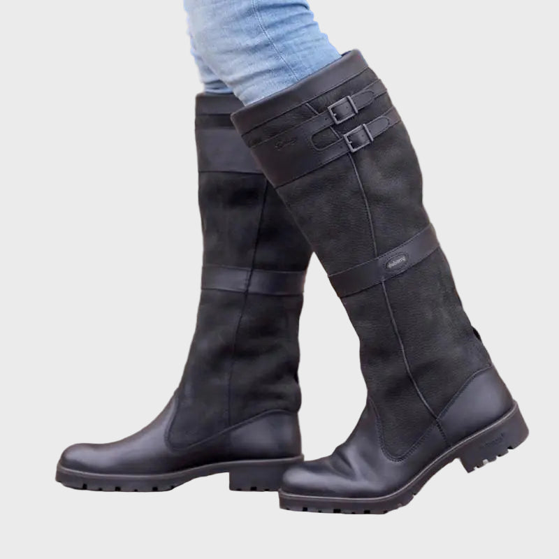 Black high boots with side buckle straps and block heel