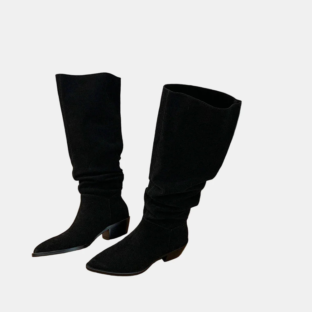 Thea suede retro autumn boots, black, knee-high boots with block heel