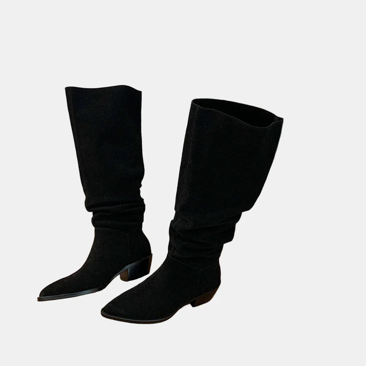 Thea suede retro autumn boots, black, knee-high boots with block heel