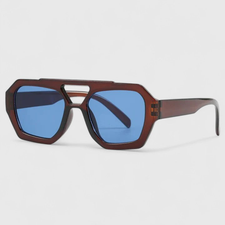 Brown sunglasses with blue-tinted lenses and silver bridge detail