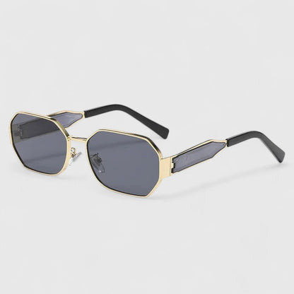 Jaylynne sunglasses with dark lenses and gold-tone frame, angular design, black temples