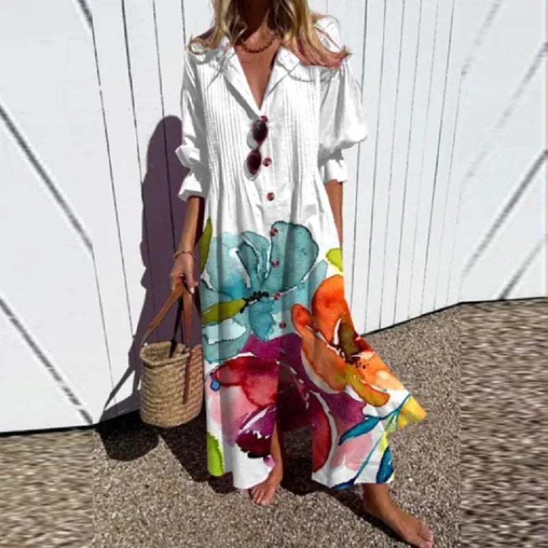 Boho puff-sleeve maxi dress with V-neck, white base with colorful flower print